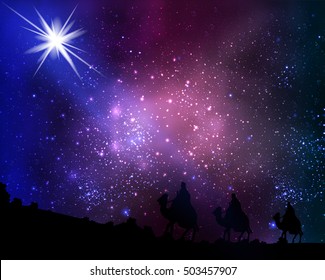 Three wise men on the background of cosmic sky and stars