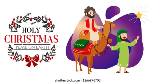 Three wise men on camels going to Bethlehem
