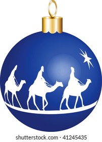 Three wise men on camels going to see baby Jesus displayed on a christmas ornament. Vector Illustration
