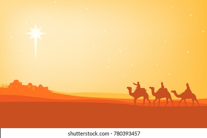 The three wise men on camels through the desert with the star of bethlehem