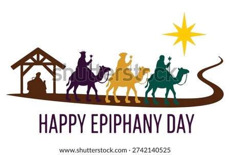 Three wise men on camels approaching a manger with a star shining above, celebrating Epiphany Day.