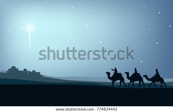 the three wise men on camels through the desert\
with the star of bethlehem