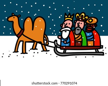 Three wise men on a sled pulled by a camel under a snowfall