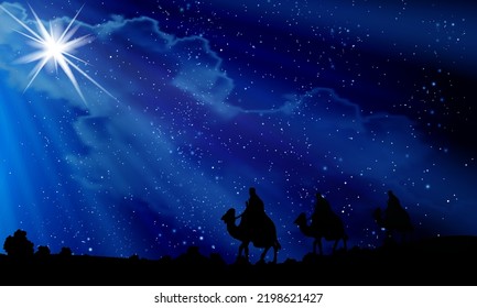 Three wise men on a starry christmas night, vector art illustration.