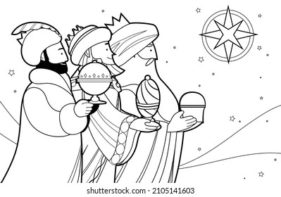 Three wise men outline vector coloring book page for children. Line art, line drawn cartoon magi with gifts. Celebration of nativity or epiphany. Melchior, Caspar and Balthasar portraits.