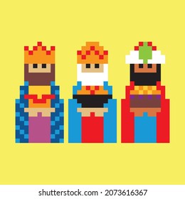 three wise men pixel art three kings 8 bits style christmas icons retro classic vintage design for web pages, apps, menus, social media, animation, network and advertising