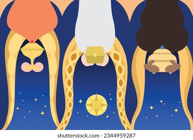 Three wise men presenting gifts star of Bethlehem background. The three magi or biblical kings on a starry sky banner vector.