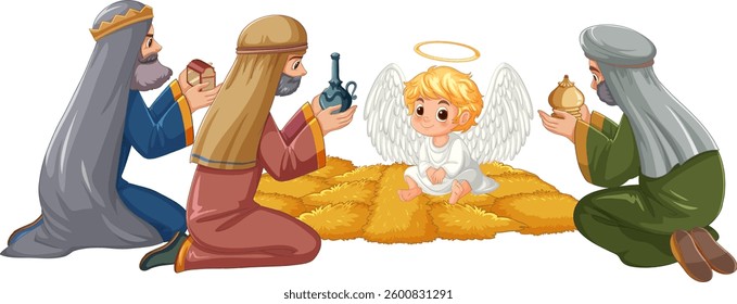 Three wise men presenting gifts to a baby angel