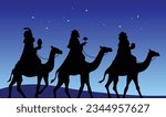 Three wise men riding camels black silhouette shape vector. Three biblical kings or magi in desert at night with a starry sky.