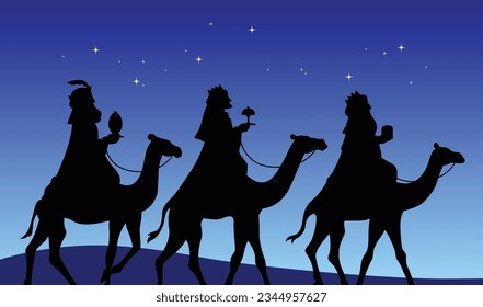 Tres hombres sabios montando camellos con forma de silueta negra vector. Tres reyes bíblicos o magi en el desierto por la noche con un cielo estrellado.