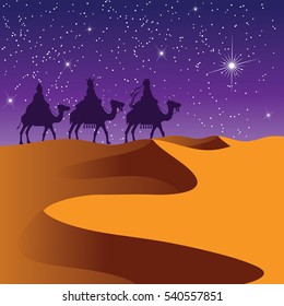 The Three Wise Men Riding Camels. EPS 10 Vector.