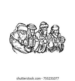 three wise men and santa claus vector illustration sketch hand drawn with black lines, isolated on white background