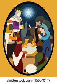 The Three Wise Men and shepherd visiting the baby Jesus an deliver their gifts.