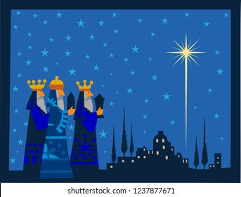 Three wise men and shining star of Bethlehem