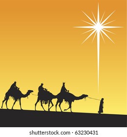 Three wise men and shining star of Bethlehem.