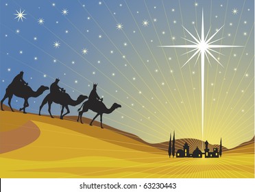 Three Wise Men And Shining Star Of Bethlehem.