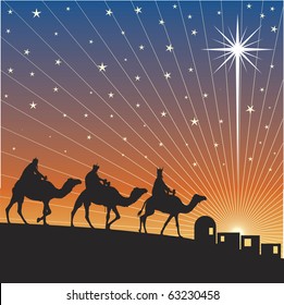 Three Wise Men And Shining Star Of Bethlehem.