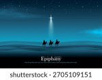 Three wise men silhouette in desert following glowing star. Happy epiphany day vector illustration.