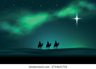 Three wise men silhouette in desert following glowing star. Happy epiphany day vector illustration.