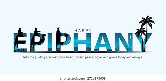 Silueta de tres hombres sabios en el desierto que sigue la estrella brillante. Feliz día de la epifanía diseño de Ilustración vectorial de tipografía creativa.