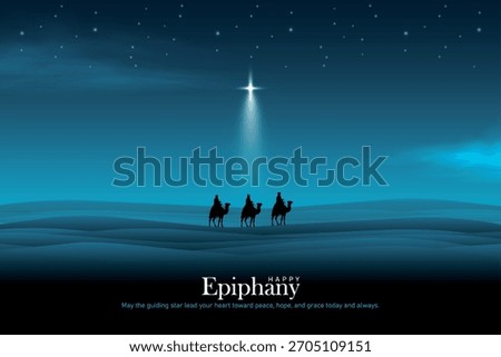 Three wise men silhouette in desert following glowing star. Happy epiphany day vector illustration.