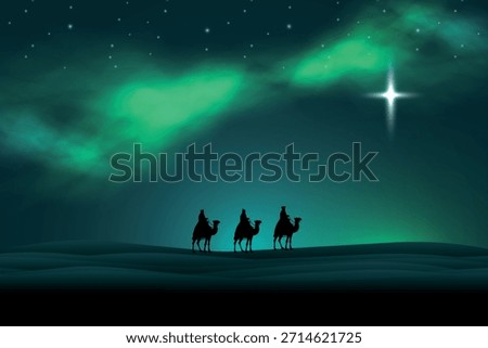 Three wise men silhouette in desert following glowing star. Happy epiphany day vector illustration.