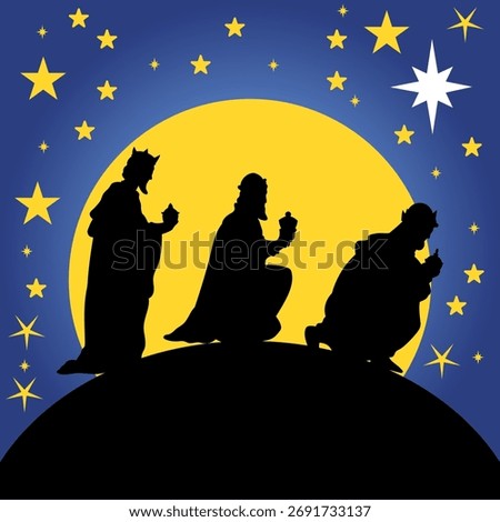 Three Wise Men Silhouette Following the Star of Bethlehem Christmas Nativity Illustration