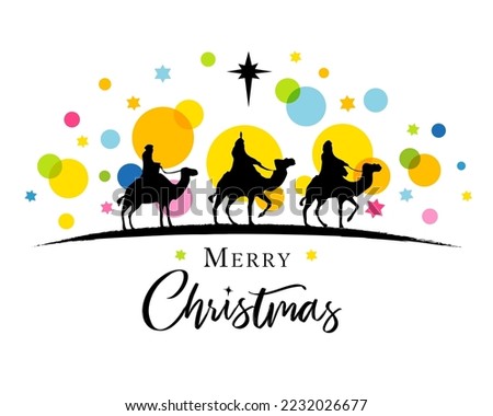 Three wise men in silhouette on colored confetti and stars. Nativity scene with three kings, camels and Bethlehem star. Vector illustration