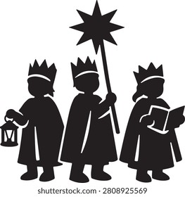 Three wise men silhouette vector icon design, nativity king characters with star and gift, EPS illustration.