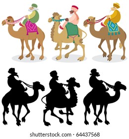 The three wise men and their camels isolated on white. Silhouettes are also included. 