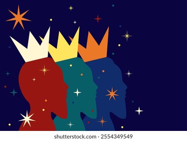 Three Wise Men, traditional Epiphany day, The three kings celebration. Three Kings' Day, Epiphany. January 6, holiday background vector illustration. Epiphany holiday