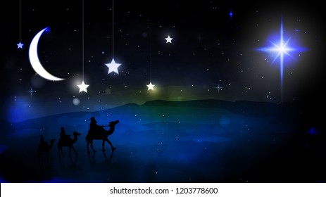 The three wise men travel by the strange star, leading to the village of Bethlehem to find the place where Jesus was born.