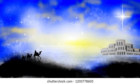 The three wise men travel by the strange star, leading to the village of Bethlehem to find the place where Jesus was born.