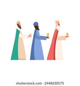 Three wise men walking with gifts for Jesus Christ, cartoon flat vector illustration isolated on white background. Nativity scene, Celebration of Christmas. Three kings or biblical magi.