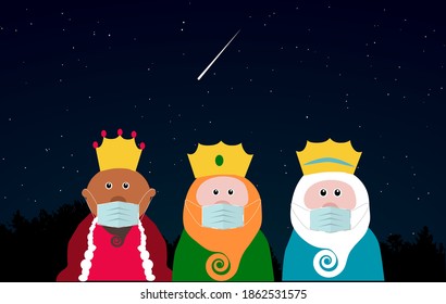 The three wise men wearing a protective mask. Christmas with social distance. Covid-19.