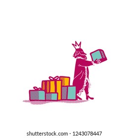 The Three Wise Men working on the distribution of gifts. Caspar. Christmas card.