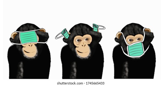 Three wise monkeys or the concept of see no evil, hear no evil and speak no evil illustration, using medical masks