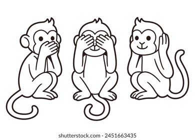 Three wise monkeys with hands covering eyes, ears and mouth: See no evil, Hear no evil, Speak no evil. Cute cartoon illustration, line art drawing.