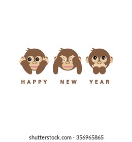 three wise monkeys, happy new year 2016 card, vector