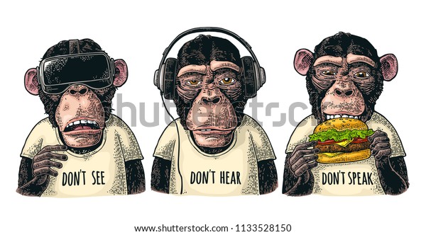 Three wise monkeys\
in headphones, virtual reality headset,and burger. Not see, not\
hear, not speak. Vintage color engraving illustration for poster.\
Isolated on white\
background