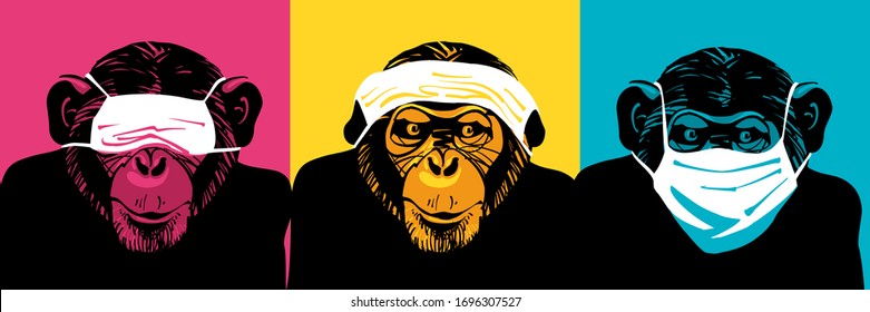 Three wise monkeys with medical face masks. Аllegory ignore problem and danger. Infection, Covid-19