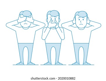 Three wise monkeys  One man covers his mouth and his hands  the other covers his ears  the third eyes  Character    young man  Illustration in blue colors  Vector in line art style