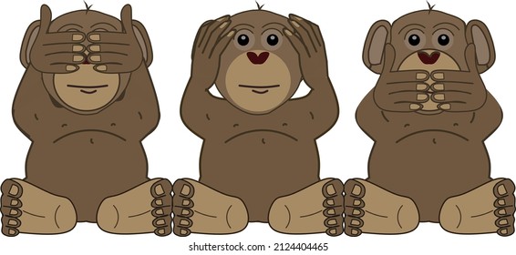 Three wise monkeys  See no evil  hear no evil   speak no evil  Cartoon vector illustration 