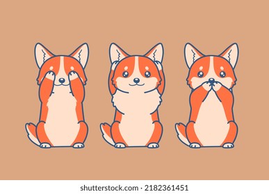 Three wise Welsh Corgi dogs illustration. Not see, not hear, not speak evil. Three wise cute series.