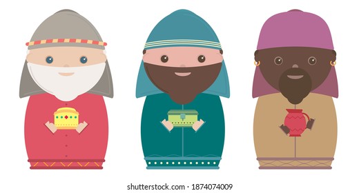 Icono de las caricaturas de tres wisemen. Día de la Epifanía noche sagrada y navidad. Diseño colorido. Ilustración del vector