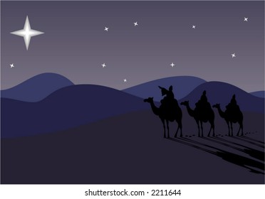 Three wise-men traveling to Bethlehem, following the star