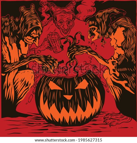 three witch haloween scary pumpkin vector illustration drawing