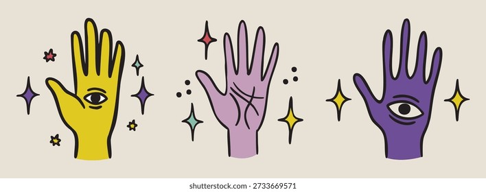Três mãos de bruxa, palma com olho, palma com olho, palma com linhas de destino, boho místico bruxa mão desenhada estilo. Ilustração vetorial.