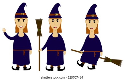 Three witches in blue hats and red hair. Witch on a broomstick isolated on white vector illustration.