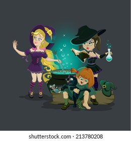 Three witches brew potion. Vector cartoon illustration